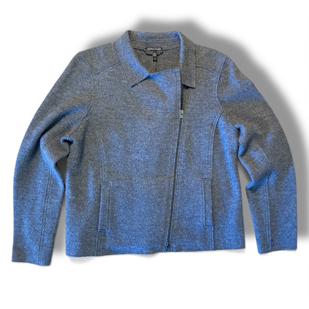 Eileen Fisher Wool Alpaca Herringbone Motorcycle Jacket Medium Moon Gray  Moto - Picture 11 of 12